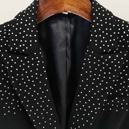 Women Black Bling Bling Hot Drill Studs Fitted Blazer + Mini Skirt Suit Black
