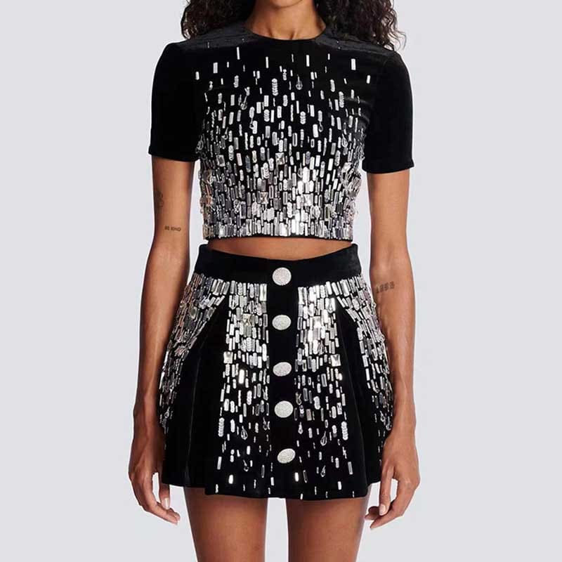 Velvet Sequin-Embellished Cropped Skirt Suit