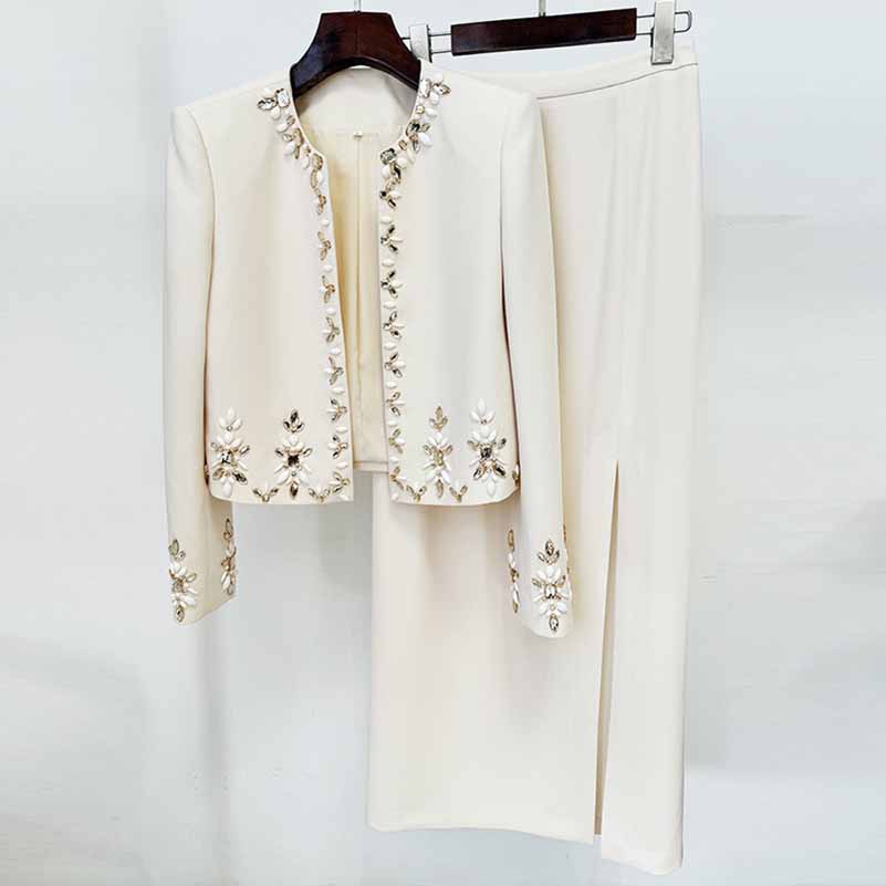 Long Sleeve Beige Crystal Embellished Skirt Suit