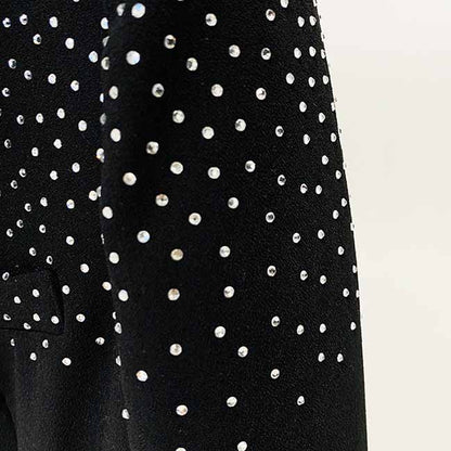 Women Black Bling Bling Hot Drill Studs Fitted Blazer + Mini Skirt Suit Black