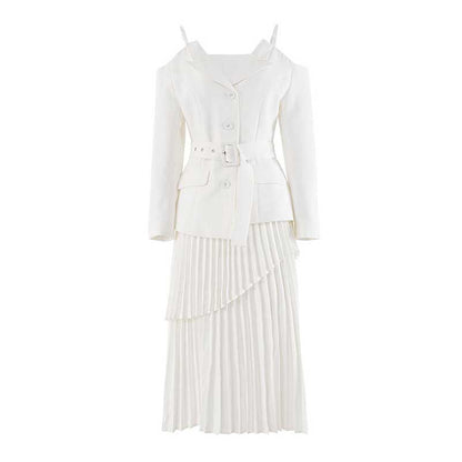 Women's Midi Skirt Suit Off Shoulder Long Sleeve Pleated Skirt Set With Belt