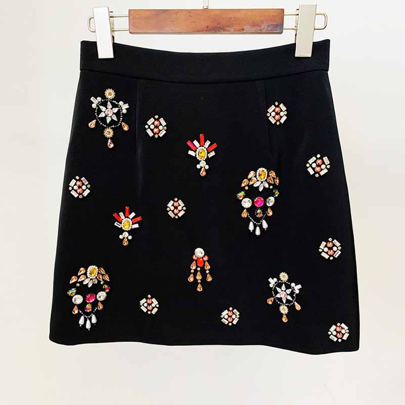 Women's Fitted Heavy nail bead diamond Short Crop Jacket + Mini Skirt Suit Black