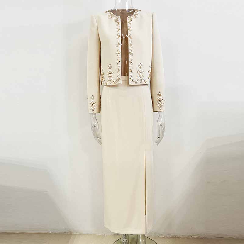 Long Sleeve Beige Crystal Embellished Skirt Suit