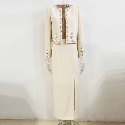 Long Sleeve Beige Crystal Embellished Skirt Suit