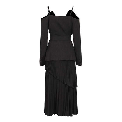 Women's Midi Skirt Suit Off Shoulder Long Sleeve Pleated Skirt Set With Belt