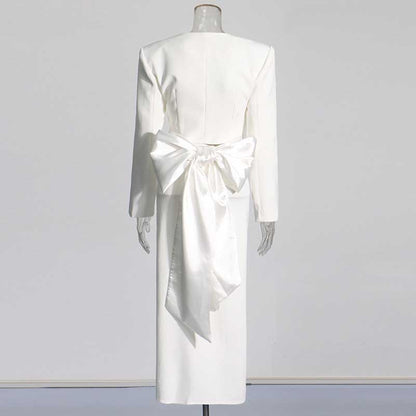 Women's High Split Skirt Suit Knee Length Wedding Suit With Bow Tie