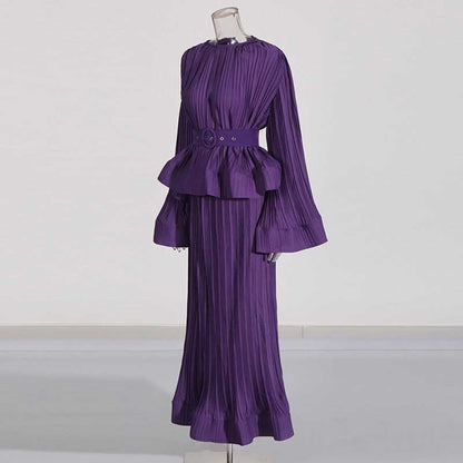 Women's Pleated Top and Skirt Set Maxi Skirt Suit With Belt