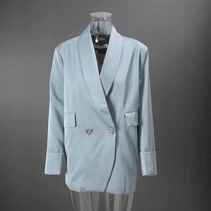 Blue V-Neck Blazer for Women with Rhinestone Buttons