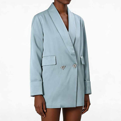 Blue V-Neck Blazer for Women with Rhinestone Buttons