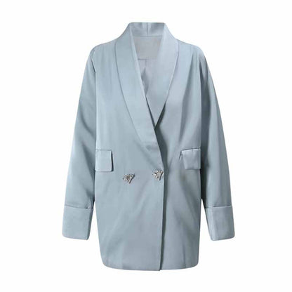 Blue V-Neck Blazer for Women with Rhinestone Buttons