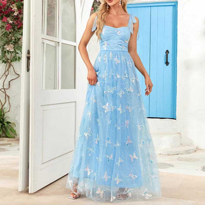 Sky Blue Wedding Guest Dress Square Neck Long Prom Dress Tulle Bridesmaid Dress