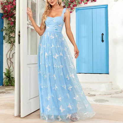 Sky Blue Wedding Guest Dress Square Neck Long Prom Dress Tulle Bridesmaid Dress