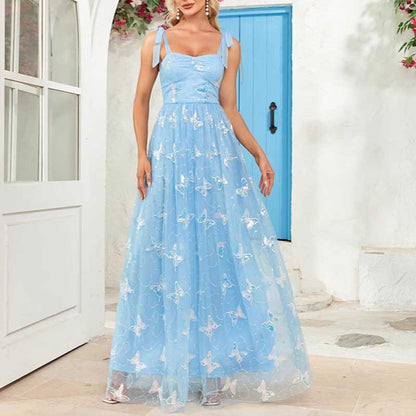 Sky Blue Wedding Guest Dress Square Neck Long Prom Dress Tulle Bridesmaid Dress