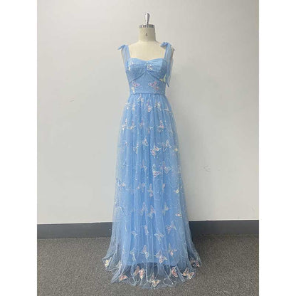 Sky Blue Wedding Guest Dress Square Neck Long Prom Dress Tulle Bridesmaid Dress