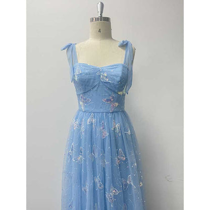 Sky Blue Wedding Guest Dress Square Neck Long Prom Dress Tulle Bridesmaid Dress