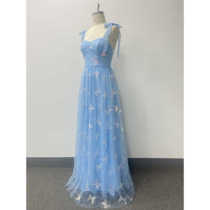 Sky Blue Wedding Guest Dress Square Neck Long Prom Dress Tulle Bridesmaid Dress