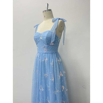 Sky Blue Wedding Guest Dress Square Neck Long Prom Dress Tulle Bridesmaid Dress