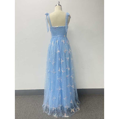 Sky Blue Wedding Guest Dress Square Neck Long Prom Dress Tulle Bridesmaid Dress
