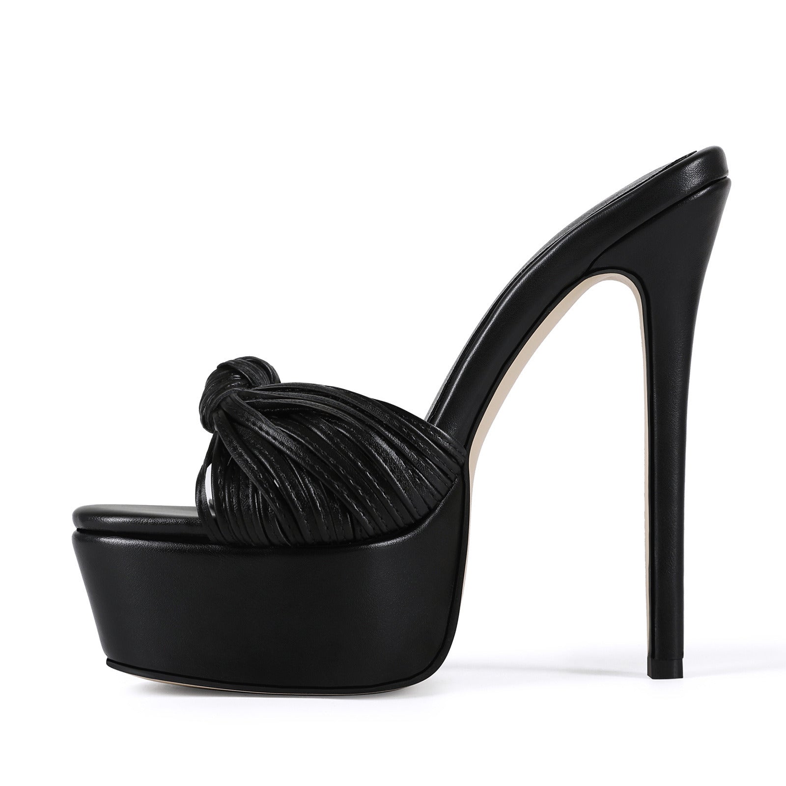 Stylish black leather-look platform stilettos with a statement knot front, shown in side view
