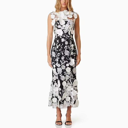 Sleeveless 3D Floral Cocktail Midi Dress