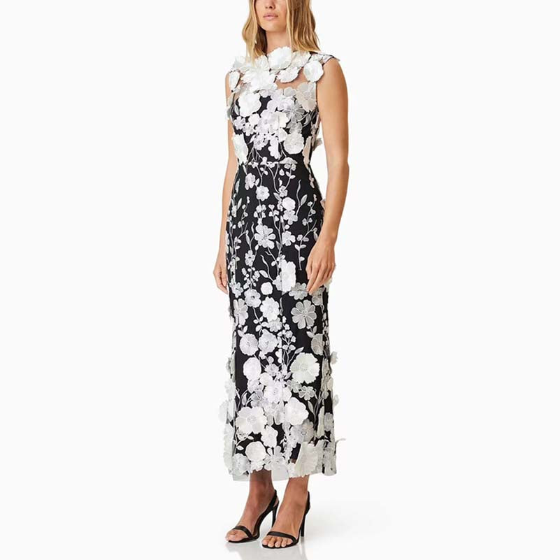 Sleeveless 3D Floral Cocktail Midi Dress