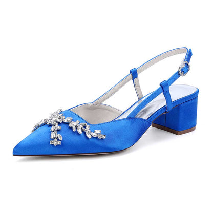 Blue slingback wedding sandals with rhinestones featuring a stylish block heel and elegant design