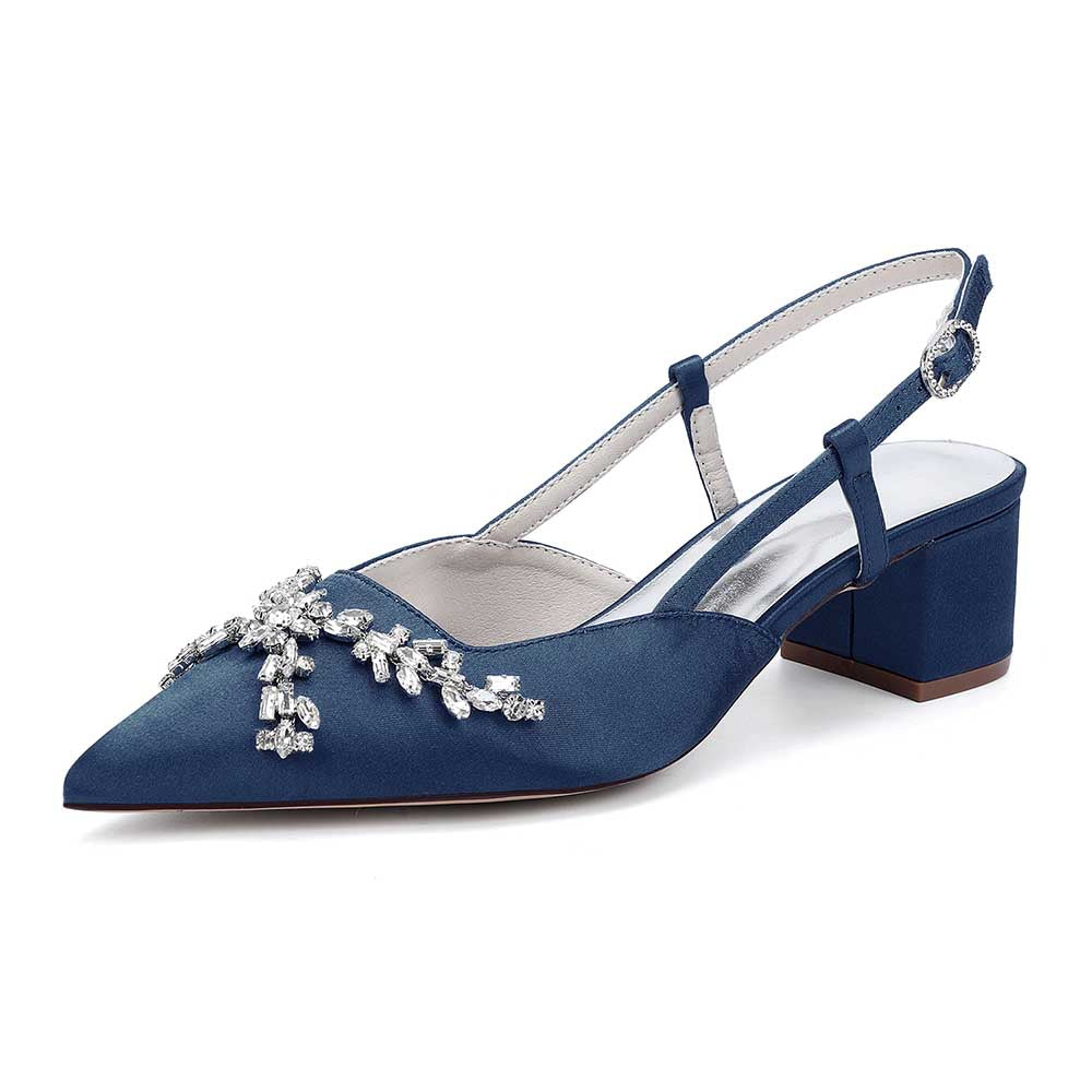 Navy slingback wedding sandals with rhinestones and a stylish block heel