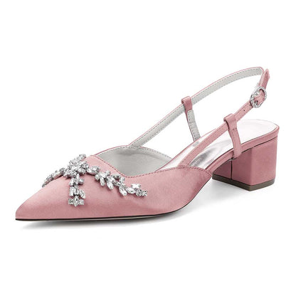 Pink slingback wedding sandals with rhinestones featuring a pointed toe and block heel for elegant occasions