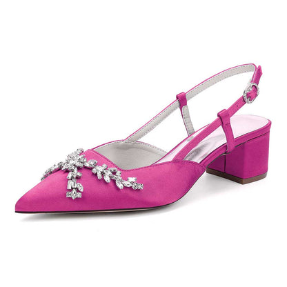 Pink slingback wedding sandals with rhinestones featuring a pointed toe and block heel