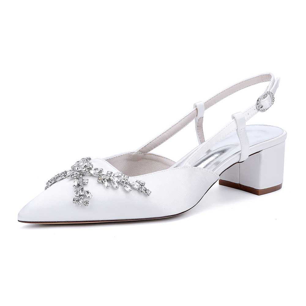Elegant slingback wedding sandals with rhinestones featuring a stylish pointed toe and block heel