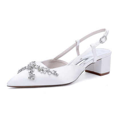 Elegant slingback wedding sandals with rhinestones featuring a stylish pointed toe and block heel