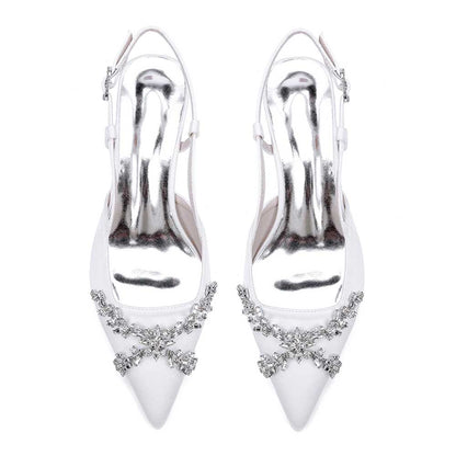 Elegant slingback wedding sandals with rhinestones featuring a pointed toe and shiny finish