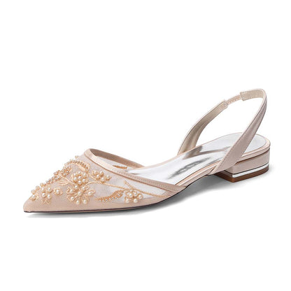 Women's Slingback Lace Wedding Shoes Pointed Toe Flat Bridal Shoes