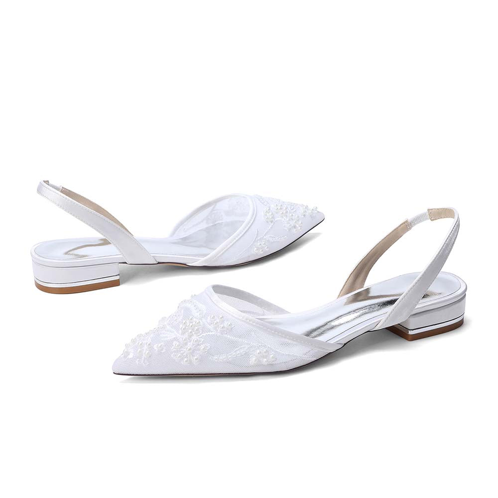 Women's Slingback Lace Wedding Shoes Pointed Toe Flat Bridal Shoes