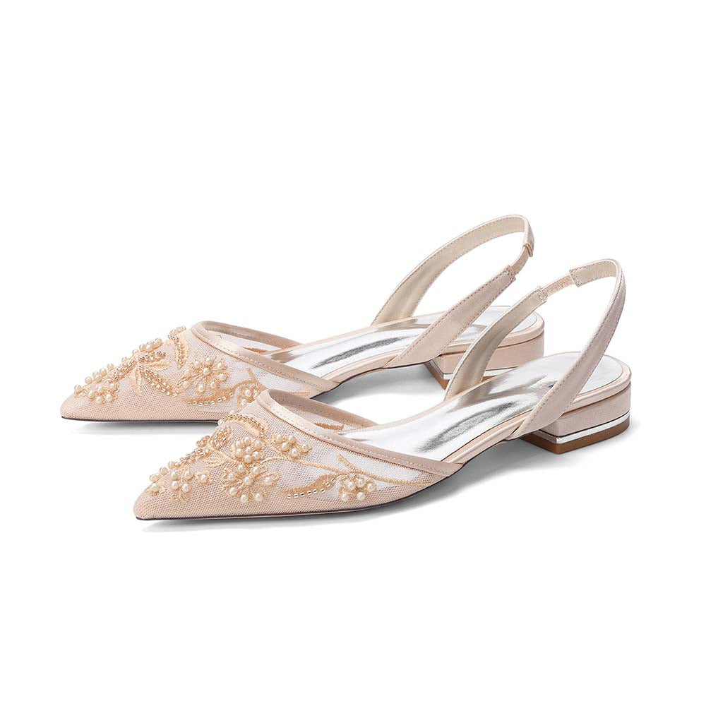 Women's Slingback Lace Wedding Shoes Pointed Toe Flat Bridal Shoes