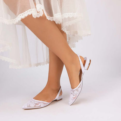 Women's Slingback Lace Wedding Shoes Pointed Toe Flat Bridal Shoes