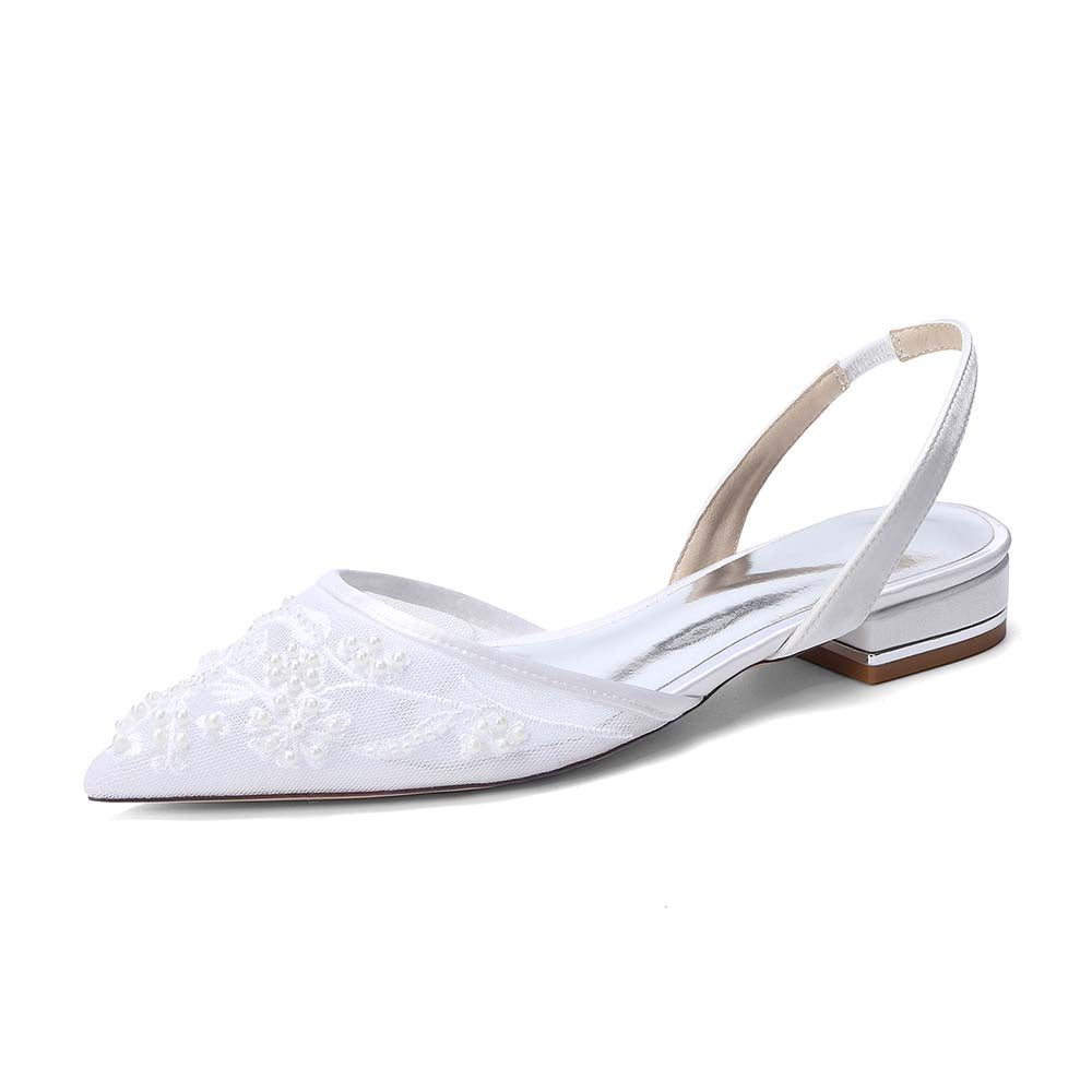 Women's Slingback Lace Wedding Shoes Pointed Toe Flat Bridal Shoes