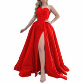 Womens One Shoulder Beaded Prom Dress Satin Pleated Mermaid Long