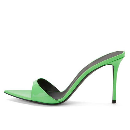 Womens High Heeled Mules Peep Toe Slip On Sandals