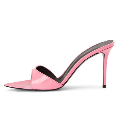 Womens High Heeled Mules Peep Toe Slip On Sandals