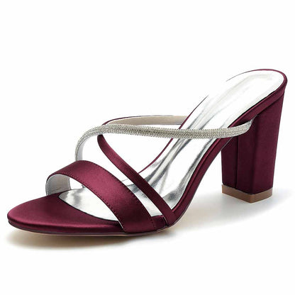 Women's Open Toe Heeled Slippers Rhinestone Satin Pump Party Prom Chunky Sandals