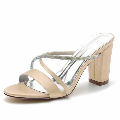 Women's Open Toe Heeled Slippers Rhinestone Satin Pump Party Prom Chunky Sandals