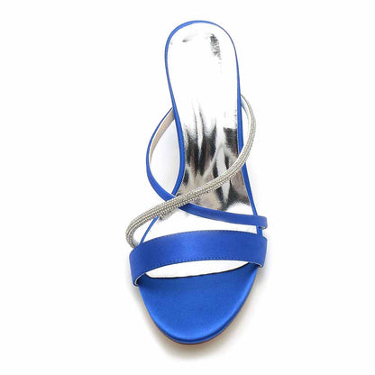 Women's Open Toe Heeled Slippers Rhinestone Satin Pump Party Prom Chunky Sandals