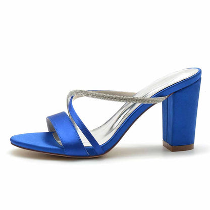 Women's Open Toe Heeled Slippers Rhinestone Satin Pump Party Prom Chunky Sandals
