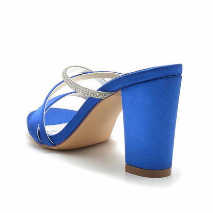 Women's Open Toe Heeled Slippers Rhinestone Satin Pump Party Prom Chunky Sandals
