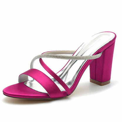 Women's Open Toe Heeled Slippers Rhinestone Satin Pump Party Prom Chunky Sandals