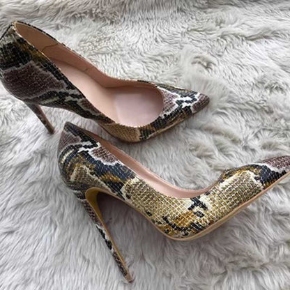 Stylish SD Dresscode snake print heels for women with a sleek pointed toe design