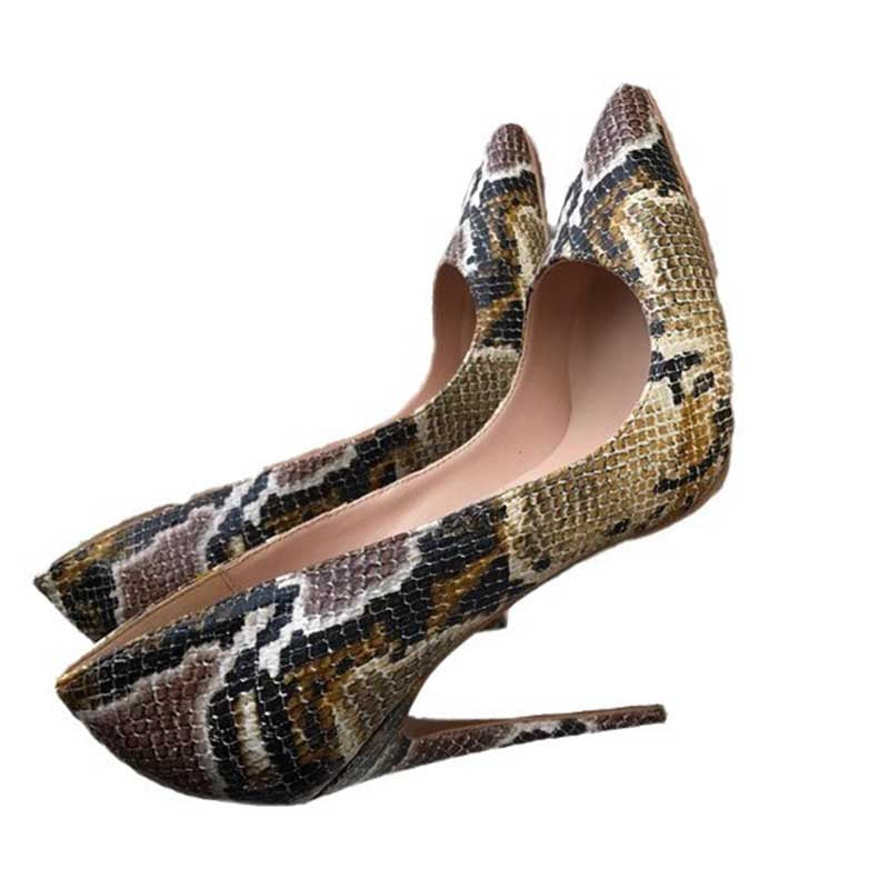 Stylish snake print heels for women featuring a pointed toe and slender stiletto heel