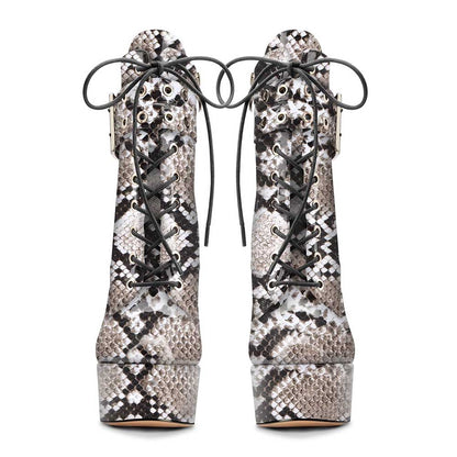 Women Snake Printing Round Toe Lace Up Ankle Boots Platform Pumps Party Boots