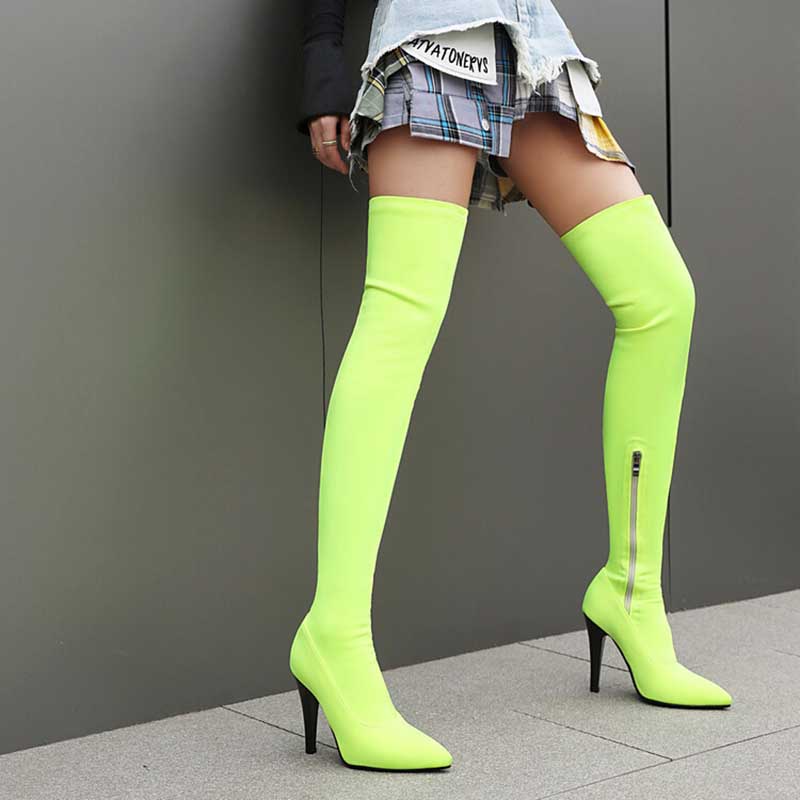 Womens Thigh High Stretch Boots Pointed Toe Stiletto Over The Knee Bootie